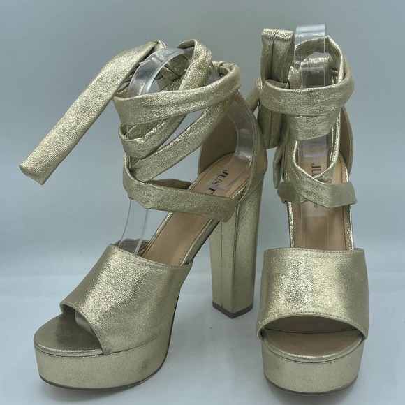 Gold Faux Leather Ankle Tie Sandal Heels Size 7 - Picture 3 of 16